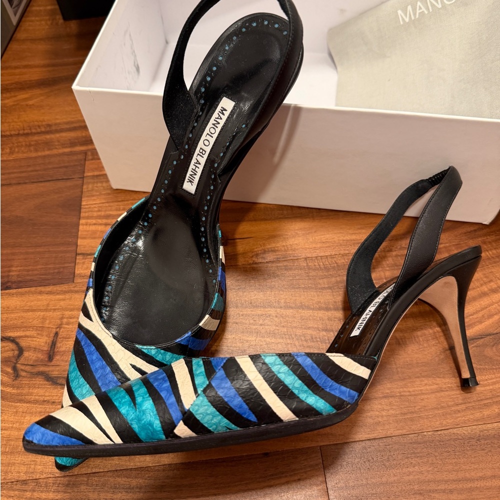 Manolo Blahnik Blue and Black Striped Heels